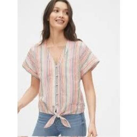 GAP Striped Tie Front Short Sleeve Top Medium - Picture 1 of 8